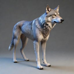 Generate a 3D image of a standing wolf, depicted in a fairytale cartoon style.