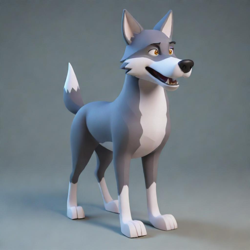 Generate a 3D image of a cartoon-style wolf character.