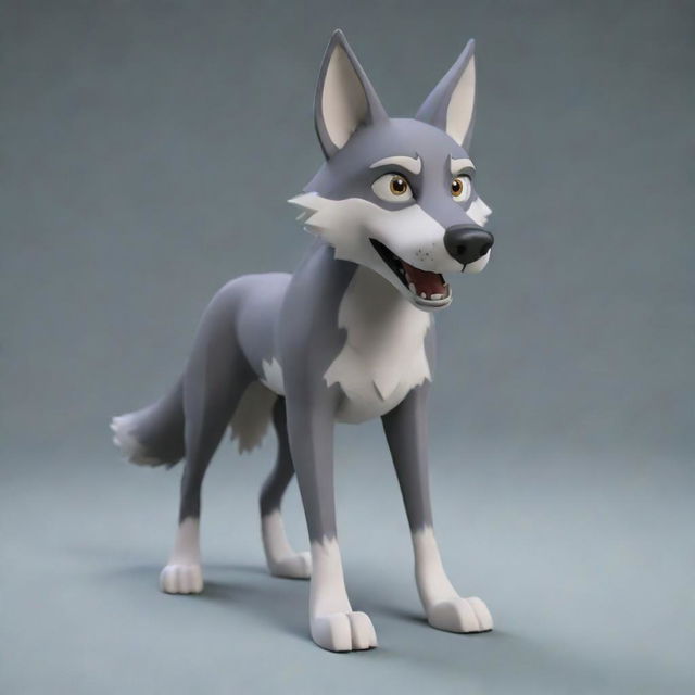 Generate a 3D image of a cartoon-style wolf character.