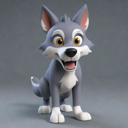 Generate a 3D image of a cartoon-style wolf character.