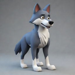 Generate a 3D image of a cartoon-style wolf character.