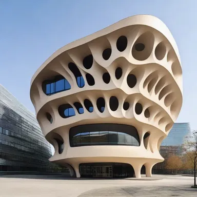 The flatfish-inspired design of this building incorporates curved elements that mimic the distinct shape of a flatfish.