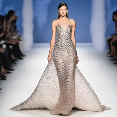 The designer showcased a stunning evening gown with a unique print resembling the delicate scales of a flatfish.