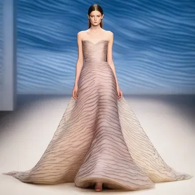 The designer showcased a stunning evening gown with a unique print resembling the delicate scales of a flatfish.