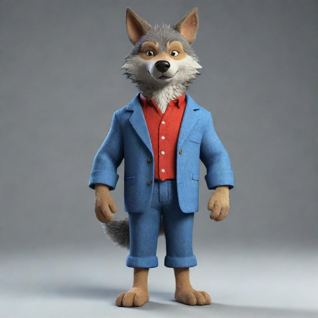 Generate a 3D image of a cartoon-style wolf dressed in clothing.