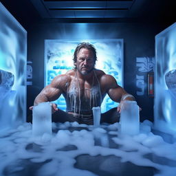 a muscular fan in a Joe Rogan-themed ice bath setup, with motivational posters on the wall, ambient, frosty blue lighting, and a serene, focused expression