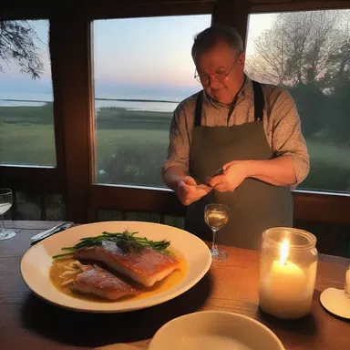 For our anniversary, he prepared a delicious dinner with flatfish as the main course, complemented by candlelight and soft music.