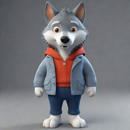 Generate a 3D image of a cartoon-style wolf dressed in clothing.