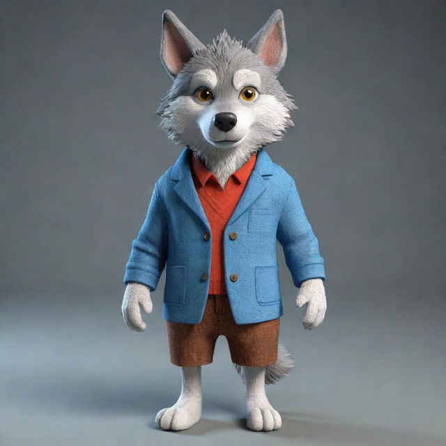 Generate a 3D image of a cartoon-style wolf dressed in clothing.