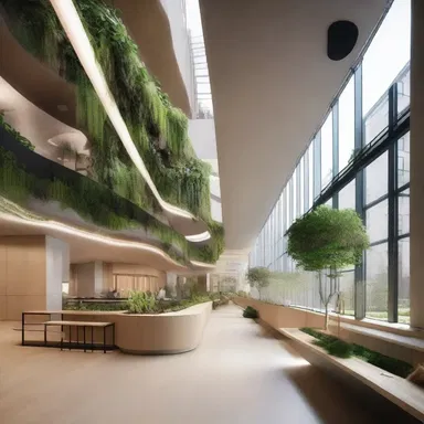 The architect integrated biophilic design principles in the building, aiming to counteract the potential dysgenic effects of urban living on human well-being.