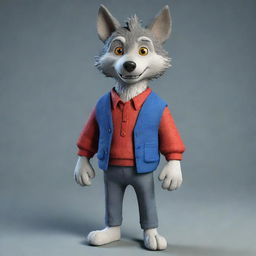 Generate a 3D image of a cartoon-style wolf dressed in clothing.