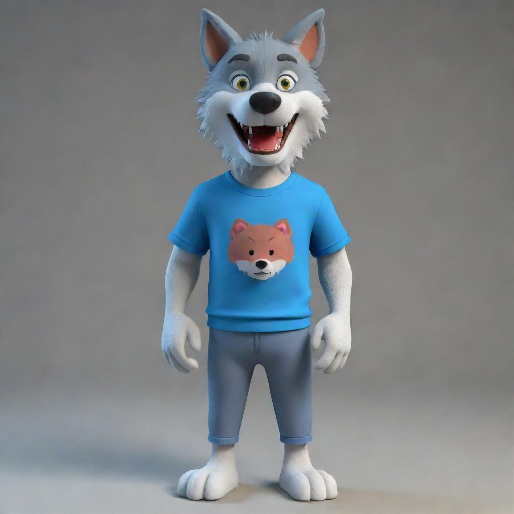 Generate a 3D image of a cartoon-style wolf, standing and wearing a t-shirt.