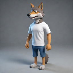 Generate a 3D image of a cartoon-style wolf, standing and wearing a t-shirt.