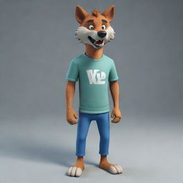 Generate a 3D image of a cartoon-style wolf, standing and wearing a t-shirt.