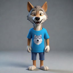 Generate a 3D image of a cartoon-style wolf, standing and wearing a t-shirt.