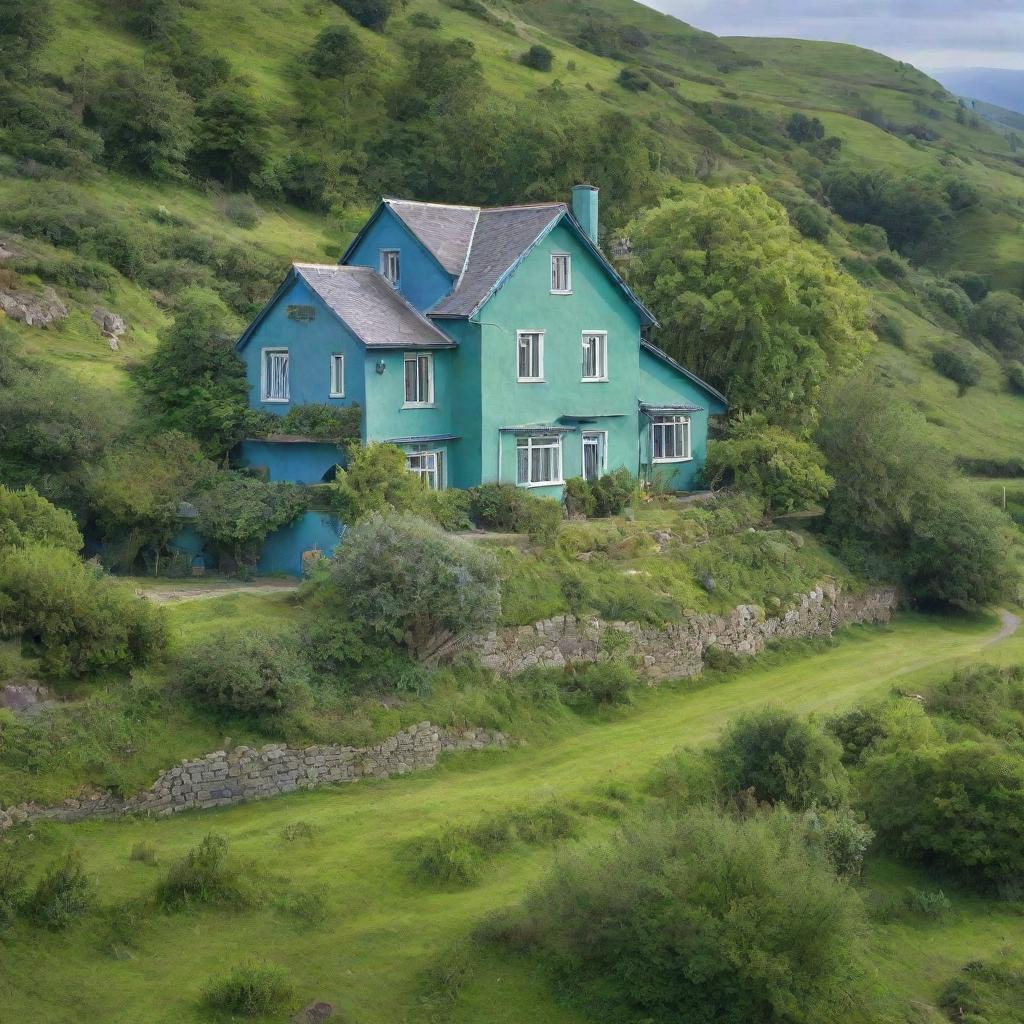 A picturesque house painted in a harmonious blend of green and blue hues, surrounded by an equally enchanting landscape.