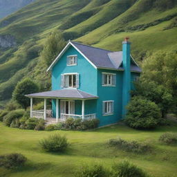 A picturesque house painted in a harmonious blend of green and blue hues, surrounded by an equally enchanting landscape.