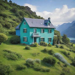 A picturesque house painted in a harmonious blend of green and blue hues, surrounded by an equally enchanting landscape.