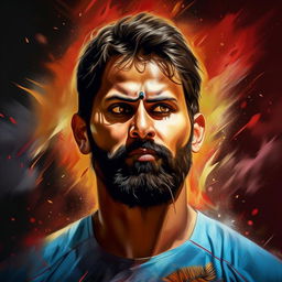 Realistic portrait of Virat Kohli, full of charisma ('rizz'), self-realization dawning upon his face, with subtle elements symbolizing Australia in the background.