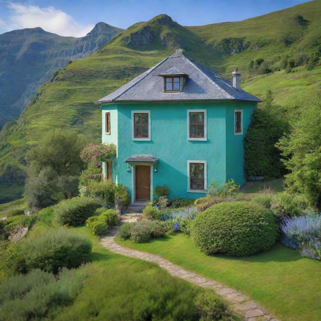 A picturesque house painted in a harmonious blend of green and blue hues, surrounded by an equally enchanting landscape.