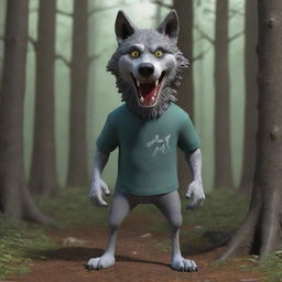 Generate a 3D image of a scary, standing wolf wearing a t-shirt in the woods, rendered in cartoon-style.