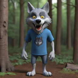 Generate a 3D image of a scary, standing wolf wearing a t-shirt in the woods, rendered in cartoon-style.