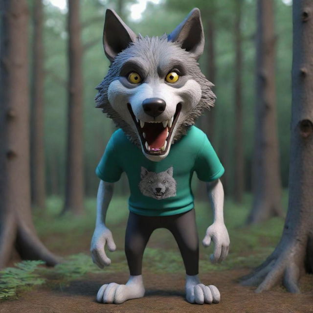 Generate a 3D image of a scary, standing wolf wearing a t-shirt in the woods, rendered in cartoon-style.