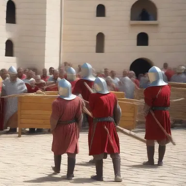During the religious festival, a reenactment of a medieval siege is performed using a mangonel.