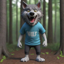 Generate a 3D image of a scary, standing wolf wearing a t-shirt in the woods, rendered in cartoon-style.