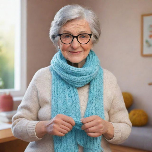 A 3D vibrant cartoon of a loving grandmother, with expressive eyes, wearing light-colored comfortable clothes and glasses, knitting a scarf in a cozy room.