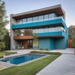 A modern-style home featuring an intricate design with hues of green and blue.