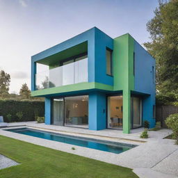 A modern-style home featuring an intricate design with hues of green and blue.