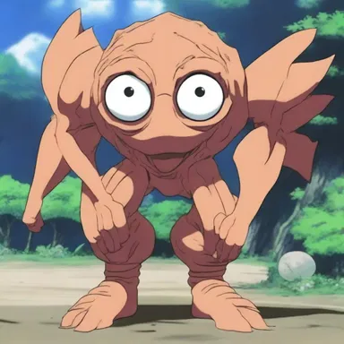 The anime series features a scrag character with oversized eyes and a frail appearance, who possesses incredible strength and agility.