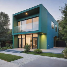 A modern-style home featuring an intricate design with hues of green and blue.