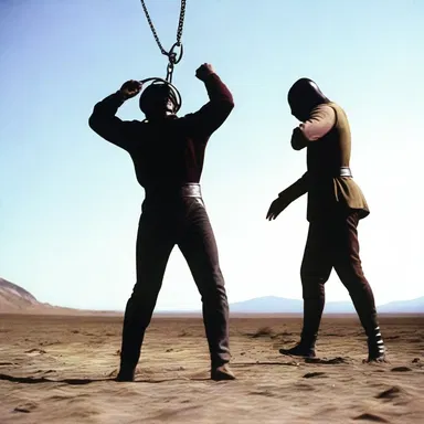 The movie featured a suspenseful scene where the antagonist attempted to scrag the hero using an iron collar.