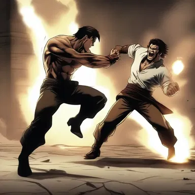 In the intense battle scene, the protagonist's infuriation with his opponent was clearly portrayed through his fierce expressions and powerfully animated movements.