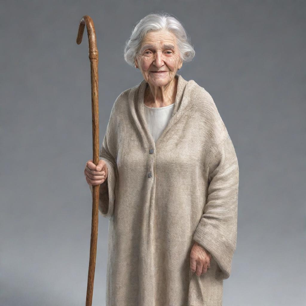 A realistic 3D drawing of a grandmother, featuring detailed wrinkles, sparkling eyes and white hair, tightly holding a walking stick, wearing a light-colored dress with a warm shawl around her shoulders.