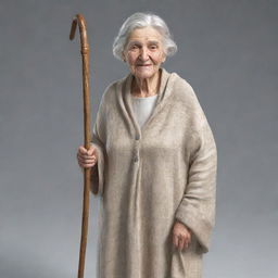 A realistic 3D drawing of a grandmother, featuring detailed wrinkles, sparkling eyes and white hair, tightly holding a walking stick, wearing a light-colored dress with a warm shawl around her shoulders.