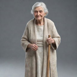 A realistic 3D drawing of a grandmother, featuring detailed wrinkles, sparkling eyes and white hair, tightly holding a walking stick, wearing a light-colored dress with a warm shawl around her shoulders.