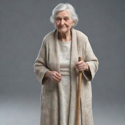 A realistic 3D drawing of a grandmother, featuring detailed wrinkles, sparkling eyes and white hair, tightly holding a walking stick, wearing a light-colored dress with a warm shawl around her shoulders.