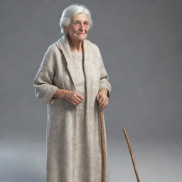 A realistic 3D drawing of a grandmother, featuring detailed wrinkles, sparkling eyes and white hair, tightly holding a walking stick, wearing a light-colored dress with a warm shawl around her shoulders.