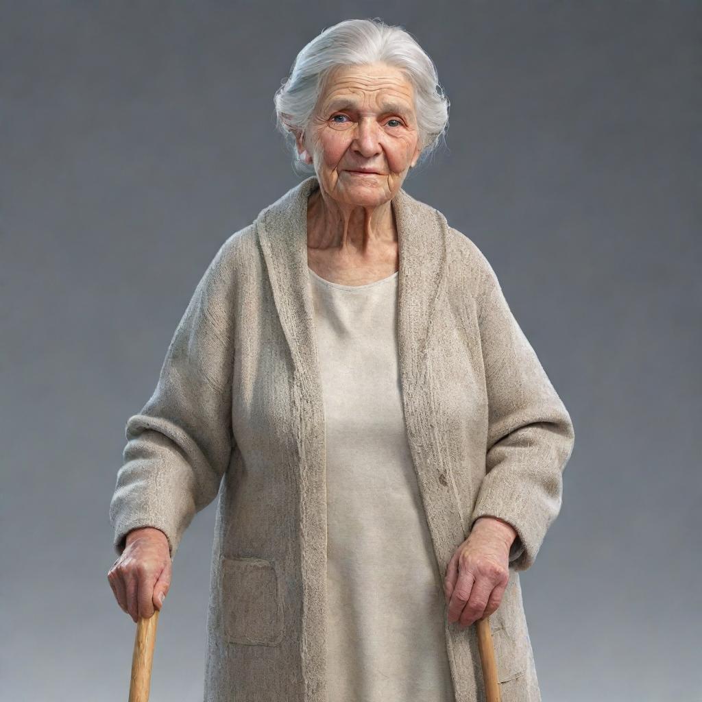 A realistic 3D drawing of a grandmother, featuring detailed wrinkles, sparkling eyes and white hair, tightly holding a walking stick, wearing a light-colored dress with a warm shawl around her shoulders.