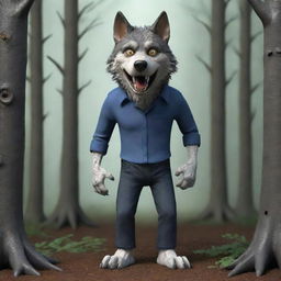 Generate a 3D cartoon-style image of a scary, standing wolf wearing pants in the woods.