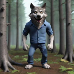 Generate a 3D cartoon-style image of a scary, standing wolf wearing pants in the woods.