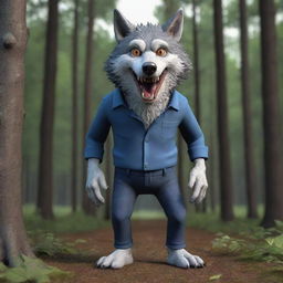 Generate a 3D cartoon-style image of a scary, standing wolf wearing pants in the woods.