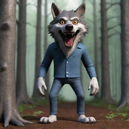 Generate a 3D cartoon-style image of a scary, standing wolf wearing pants in the woods.