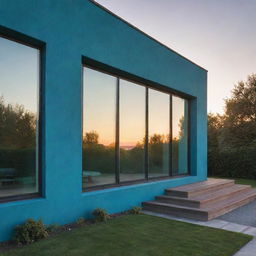 A house with a combination of blue and green exterior detail, basking in the soft light of a sunset