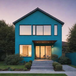 A house with a combination of blue and green exterior detail, basking in the soft light of a sunset