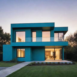 A house with a combination of blue and green exterior detail, basking in the soft light of a sunset