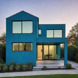 A house with a combination of blue and green exterior detail, basking in the soft light of a sunset